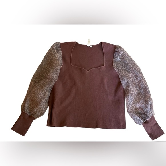 Anthropologie  Dolan Sheer Animal Print Puff-Sleeve Brown Sweater Size 3X - Picture 2 of 11